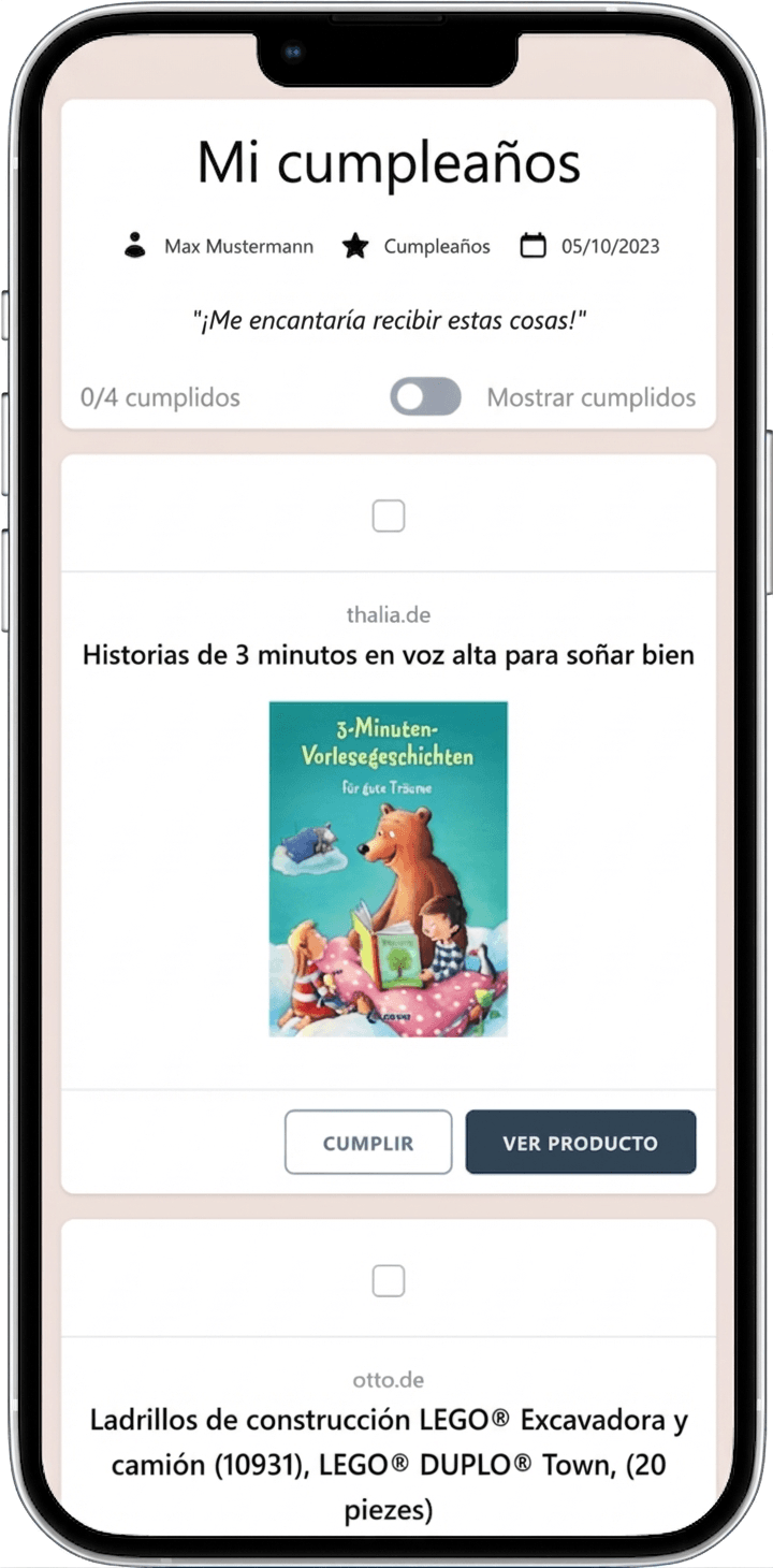 Ejemplo de una lista de deseos online terminada lista para compartir con amigos y familiares