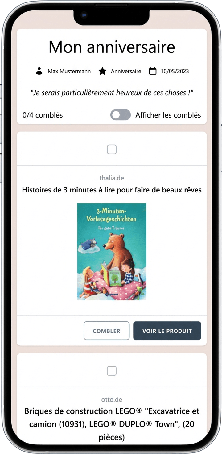 Exemple d'une liste de souhaits en ligne prête à être partagée avec vos proches