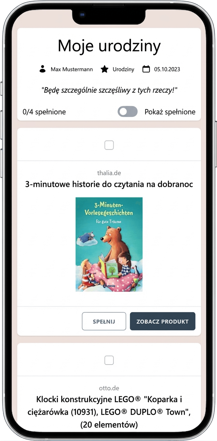 Przykład gotowej listy życzeń online do udostępnienia rodzinie i przyjaciołom